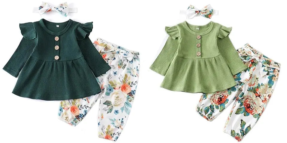 Newborn Baby Girl Clothes Set Solid Knitting Long Sleeve Tops Floral Print Pants Headband 3Pcs Outfits Casual Infant Clothing