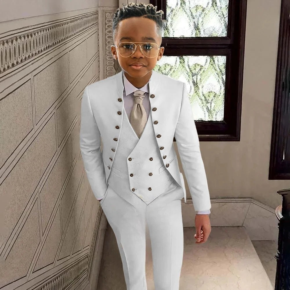Fashionable Kids Stand-up Collar Suits 3 Pieces Jacket Vest Pants Performance Outfit Comfortable Boys Tuxedo Wedding Guest Wear