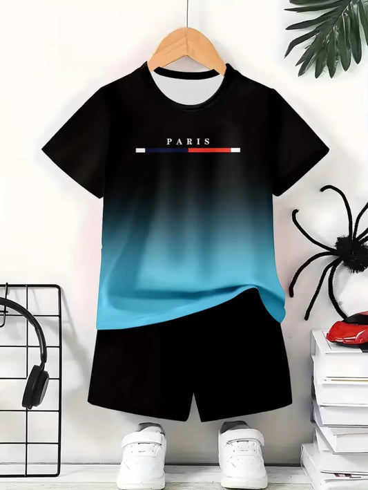 Boys' Casual Colorblock Short Sleeve T-Shirt and Shorts Set - 2PCS Comfortable Outdoor Quick-Drying Sport Shirt and Casual Children's Top