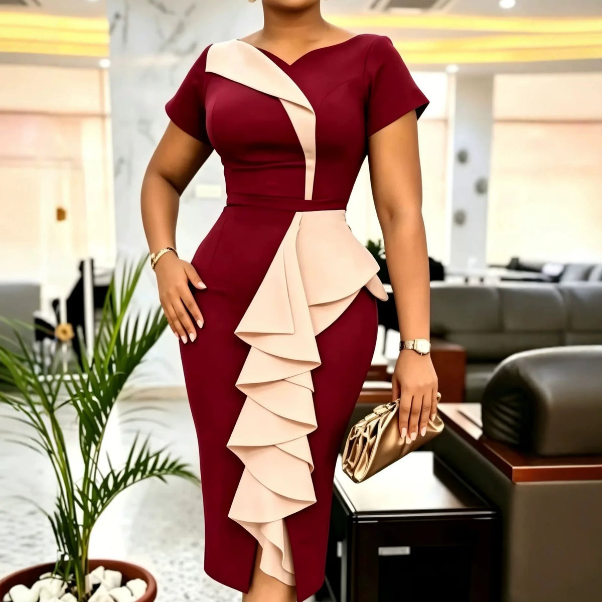 Robe Bodycon Femme Été 2026 | Coupe A-Line Patchwork | Col V Manches Courtes | Taille Cinée Slim Casual