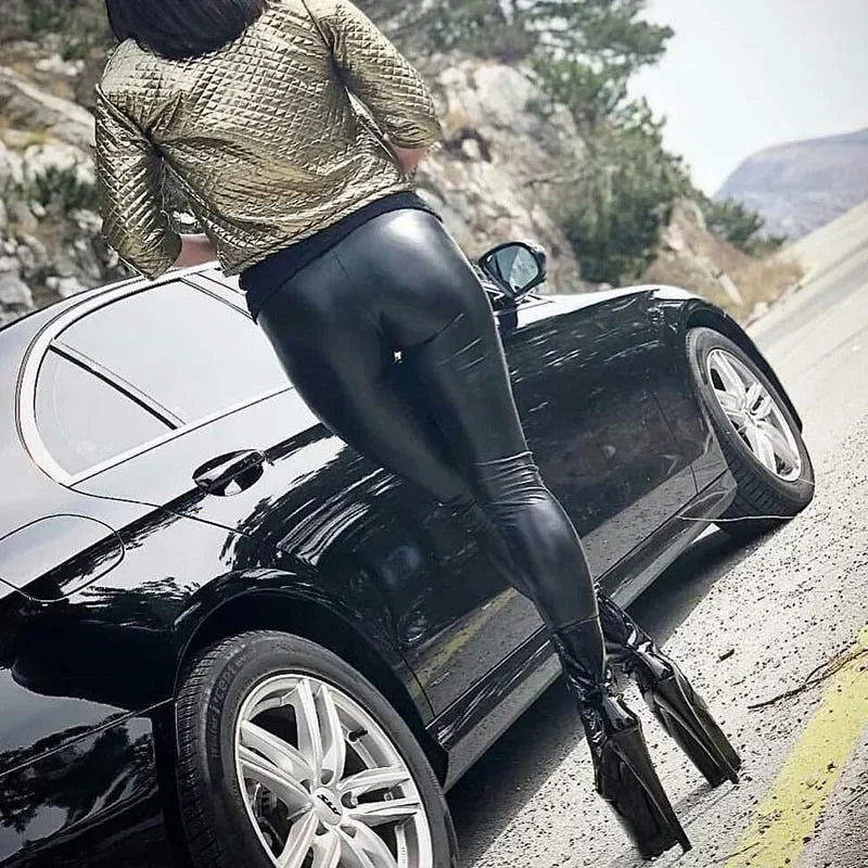 Collant Cuir PU Noir Femme | Taille Haute Élastique Slim | Mode Lift Fesses | Legging Skinny Grande Taille