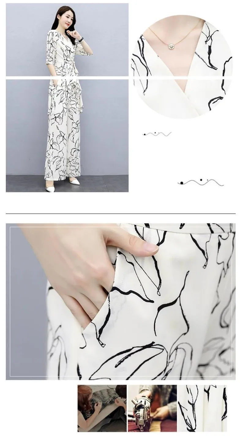 Ensemble 2 Pièces Femme Casual Imprimé | Top Manches Courtes & Pantalon Large | Été Blanc | Jusqu'au 4XL
