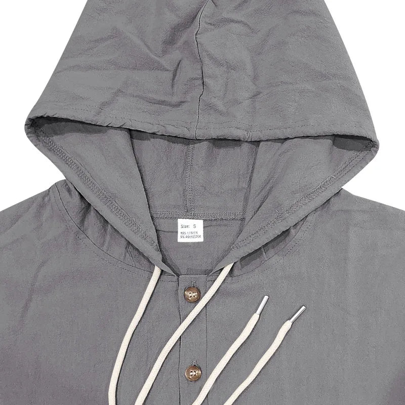 Men's Linen Hoodie Shirt Casual Slim Fit Hooded Long Sleeve Solid Button Down T-shirt Tops New Men Spring Summer Vacation Shirts
