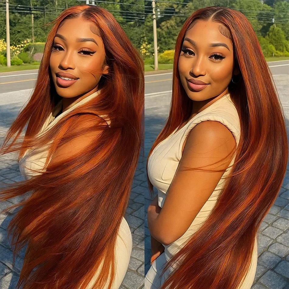 Perruque Lisse Highlight Ombre 4/350 | Gingembre Orange Brun | 13x6 & 13x4 Lace Front | Glueless | Cheveux Humains