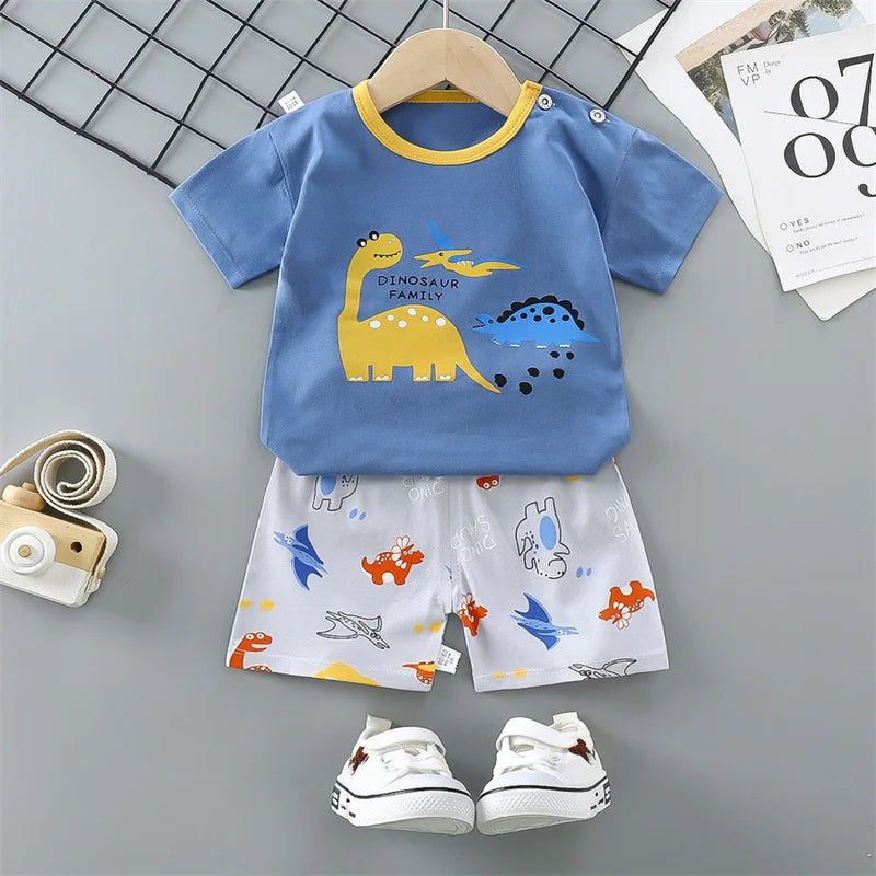 Pyjama 2 Pièces Enfant Coton | T-Shirt & Short Été | Cartoon Ours & Dinosaure | 1-4 Ans