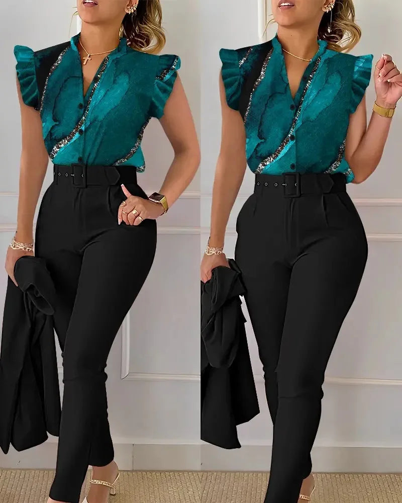 Women's Elegant Slim Two-Piece Sets Summer Fashion Print V Neck Button Flying Sleeve Shirt Top & Solid Long Pants Suits With Belt