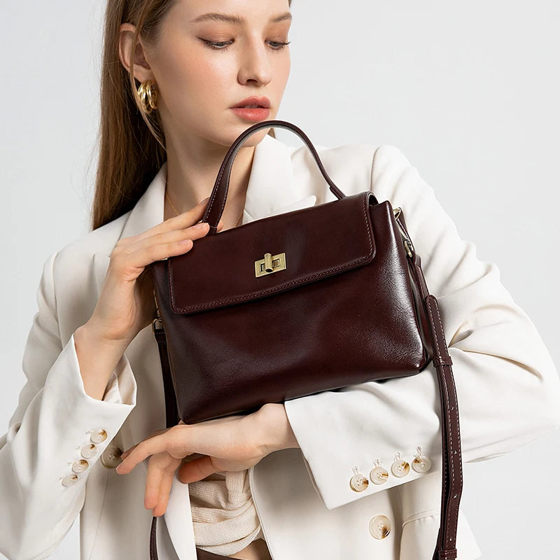 Sac à Main Cuir Véritable Femme | Top Handle Vintage | Cire Huile | Bandoulière Croisée | Designer Luxe