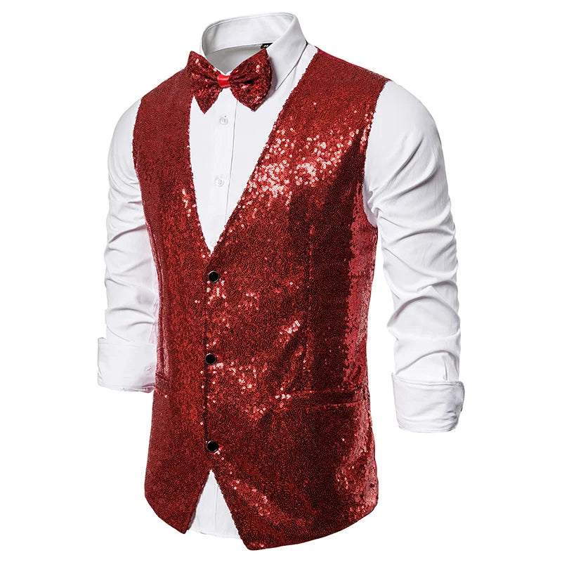 Luxury Vest for Men V-neck Slim Sparkling Tailcoat Solid Plain Waistcoat Bowtie Set Wedding Party Formal Sleeveless Jacket