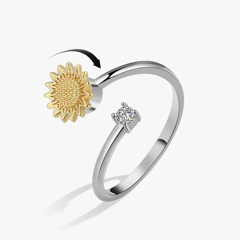 Rotating Jewelry Adjustable Anxiety Ring For Women Girls Fashion Flower Round Beads Pendant Finger Rings Anti-Stress Gifts