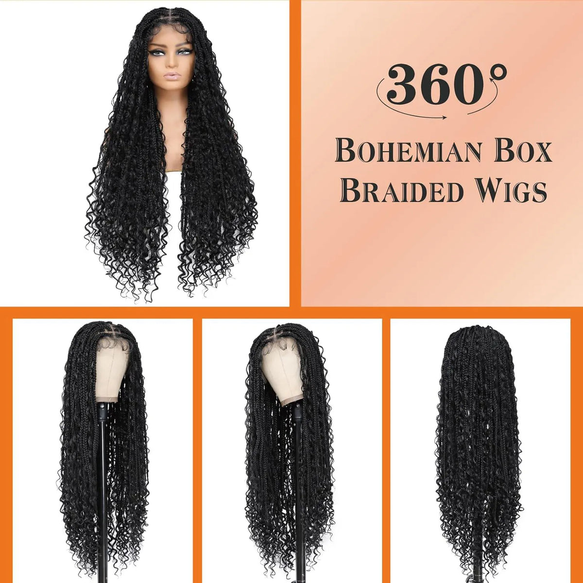 Perruque Tressée Bohème Longue Synthétique | Boho Box Braids | Full Lace | Baby Hair | Femmes Noires