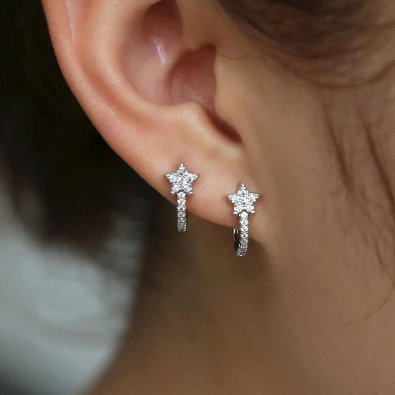 Huitan Fashion Star Hoop Earrings with Dazzling CZ Simple Stylish Ear Accessories for Women Silver Color Exquisite Jewelry