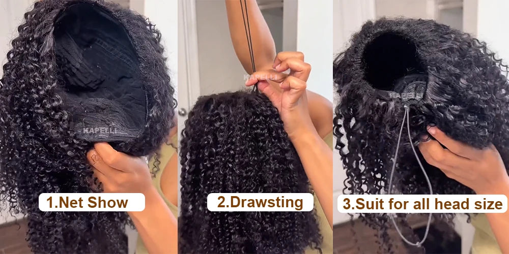 Demi-Perruque Cheveux Humains 180% | Kinky Curly | Invisible Hairline | Cordon Coulissant | 3 en 1