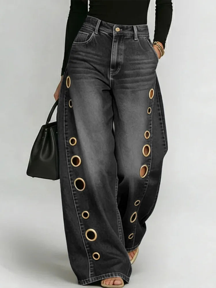 Missuoo Women's Washed Blue High-Waist Metal Grommet Wide Leg Jeans 2026 Casual Loose Fit Streetwear Pants Casual Trousers