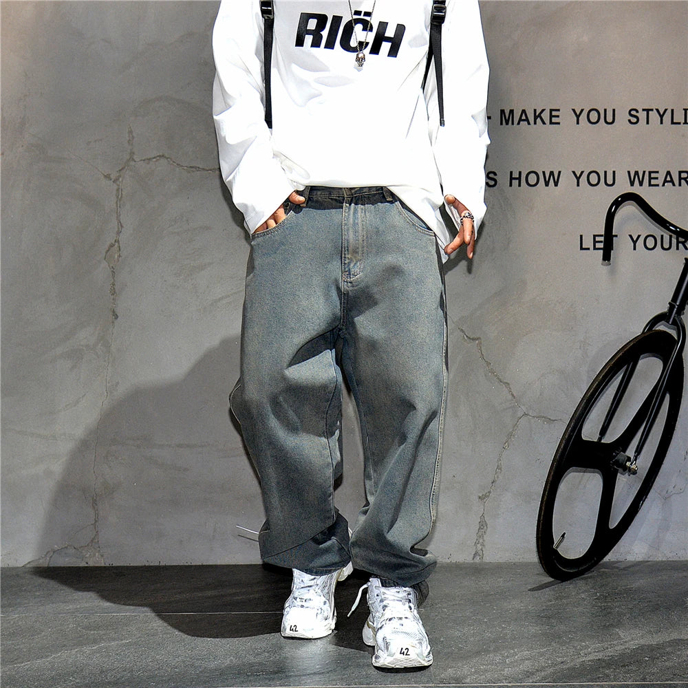 American Streetwear Baggy Jeans For Men's Clothing Vintage Distressed Gray Denim Pants Harajuku Casual Skateboard Pants Male