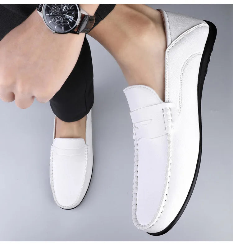 Mocassins Homme Mariage | Cuir Fendu Blanc | Chaussures Conduite Légères | Slip-On Casual Élégant 2026