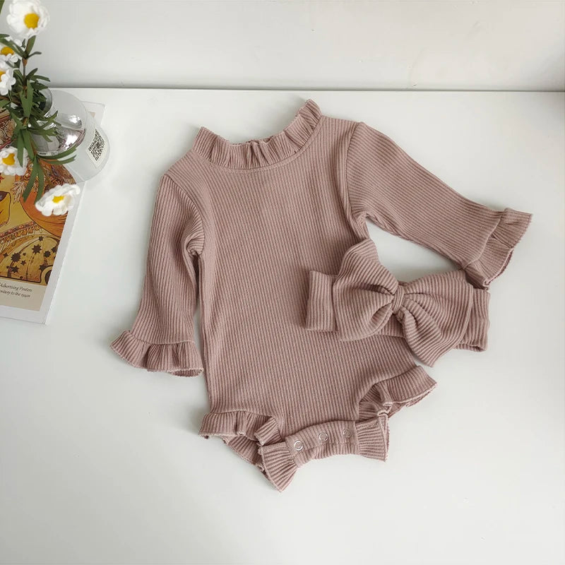 Fashion Toddler Baby Girls Romper Outfits Set Cotton Ribbed Flared Sleeve Jumpsuit + Bow Headband Sweet New Born Infant Clothing