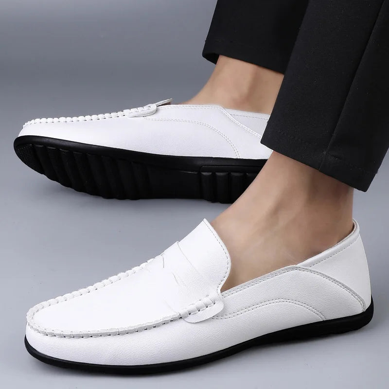 Mocassins Homme Mariage | Cuir Fendu Blanc | Chaussures Conduite Légères | Slip-On Casual Élégant 2026