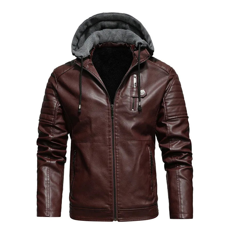 Men Hooded Leather Jackets Slim Fit Motorcycle PU Leather Coats High Quality Men Fleece Warm Leather CoatsSize 5XL