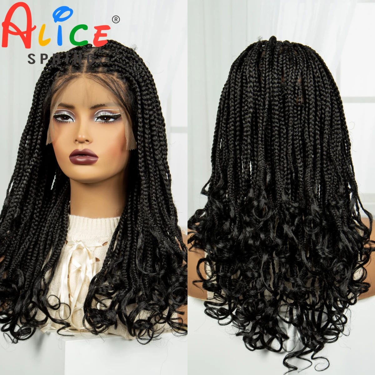 Perruque Tressée 360 Full Lace Synthétique | Knotless Box Braids | Baby Hair | Boho Boucles Extrémités | Femme