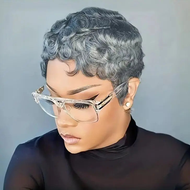 Human Hair Wig 6Inch Natural Grey with Loose Curls 180% Density Machine-Made Wig with Rose Net Cap Comfortable Fit for Daily Wear