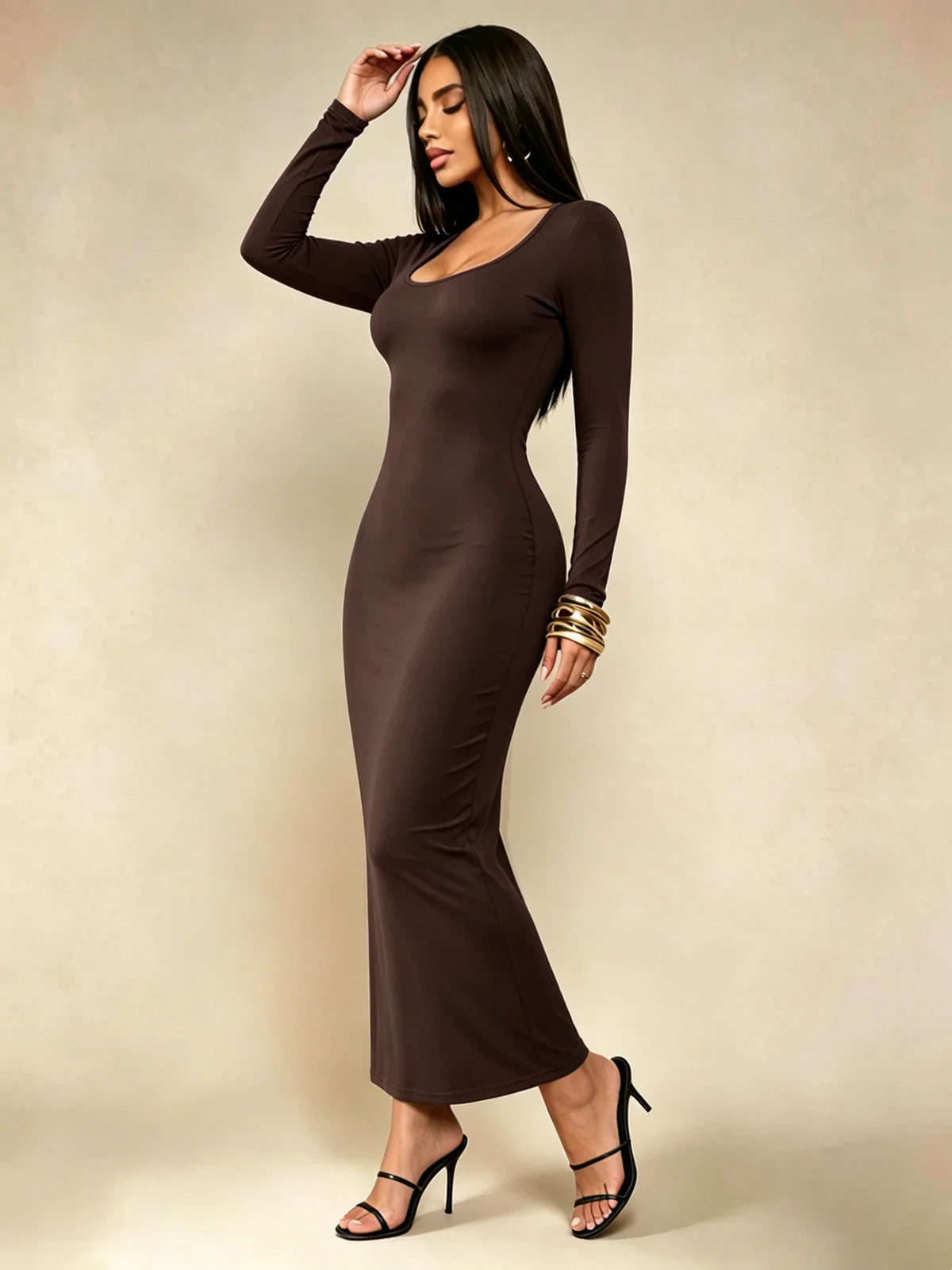 Women's Solid Long Sleeve Bodycon Dress, Chic Basic Minimalist Casual Fashion Scoop Neck Long Dress, Womenswear