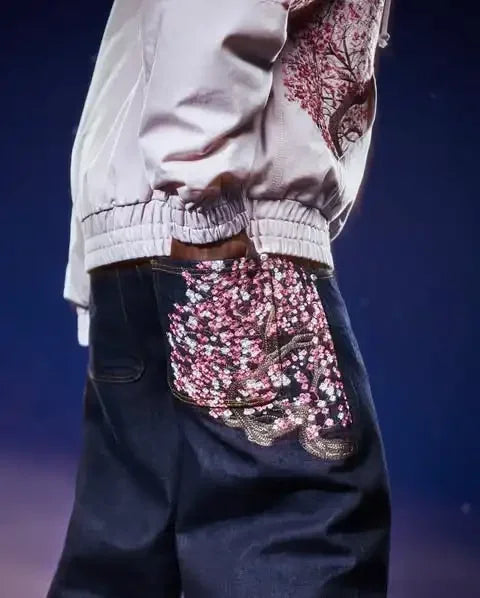 Jean Taille Basse Hip Hop | Fleurs Cerisier Brodé | Jambe Large Unisexe | Y2K Vintage Baggy