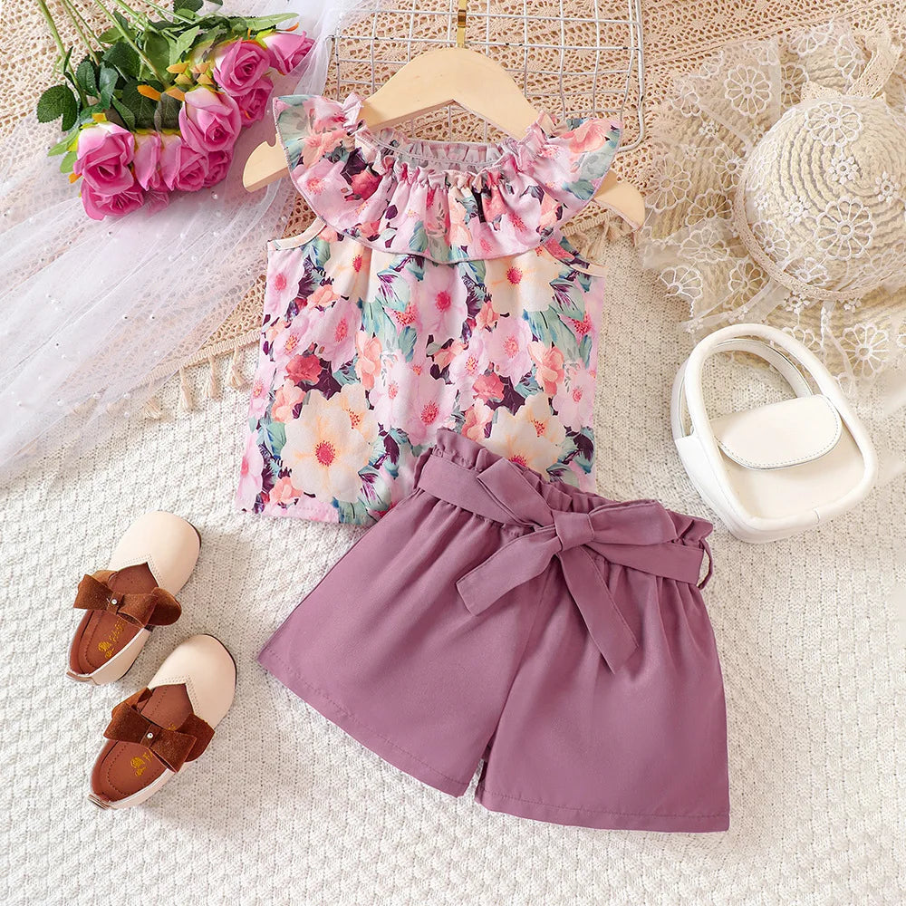 Kids Casual Summer Clothing Sets Outfits for Girls 2026 New Toddler Floral Print Ruffles Tops Short Pant Fashion Children 1-8Y