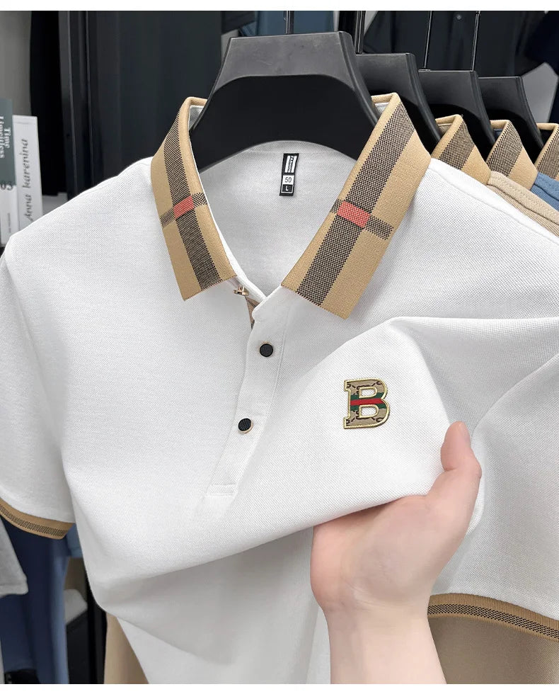 Luxury brand logo short-sleeved polo shirt for men's summer new high-end silk-cotton breathable casual fashion T-shirt clothing
