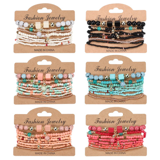 Bohemian Handmade Beaded Bracelet Set For Women Summer Colorful Beaded Chain Bangle Girls Boho Jewelry Accessories