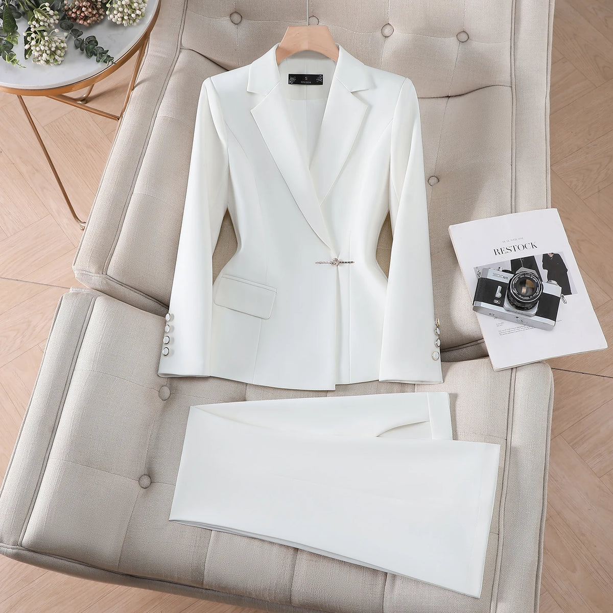 ZJYT Elegant Woman 2 Piece Set Outfit Full Sets Lady Spring Classic Women's Blazer Pants Suit White Formal Office Wear Plus Size