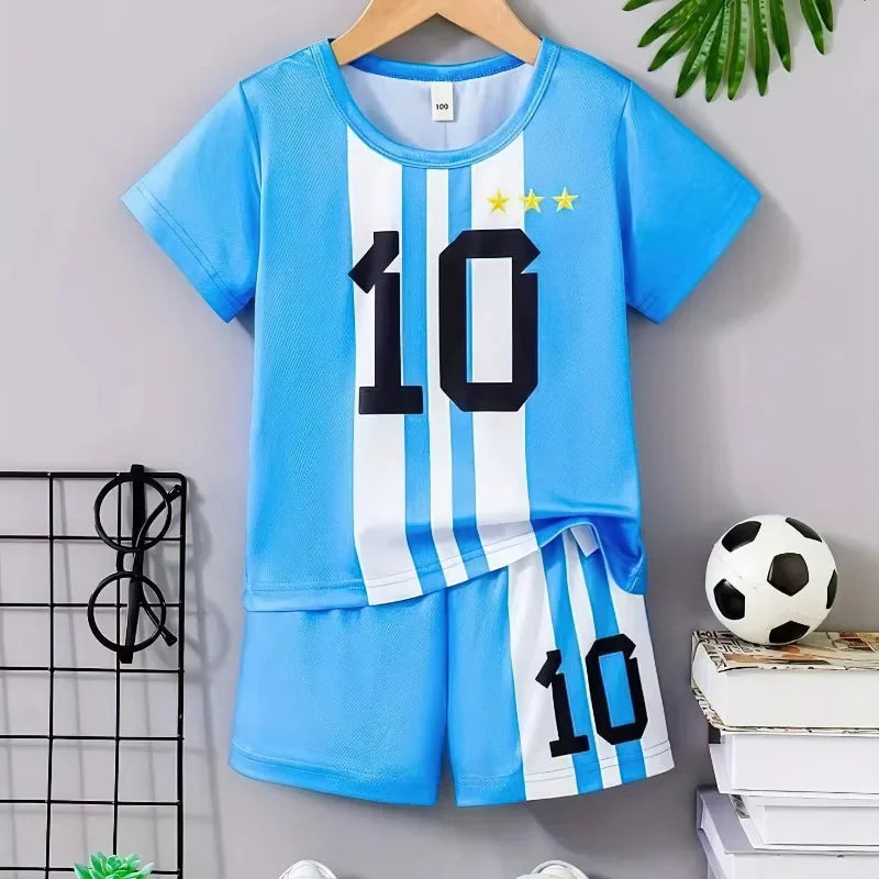 Two-Piece Summer Messi and Ronaldo Shirt 3D Printed Children's Football Training Set Boys Breathable Sweat-Absorbent Sportswear
