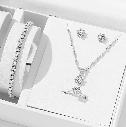 5Pcs Elegant Crystal Jewelry Set Zirconia Ring Necklace Bracelet Earrings Simple Set Fashion Versatile Trendy Jewelry