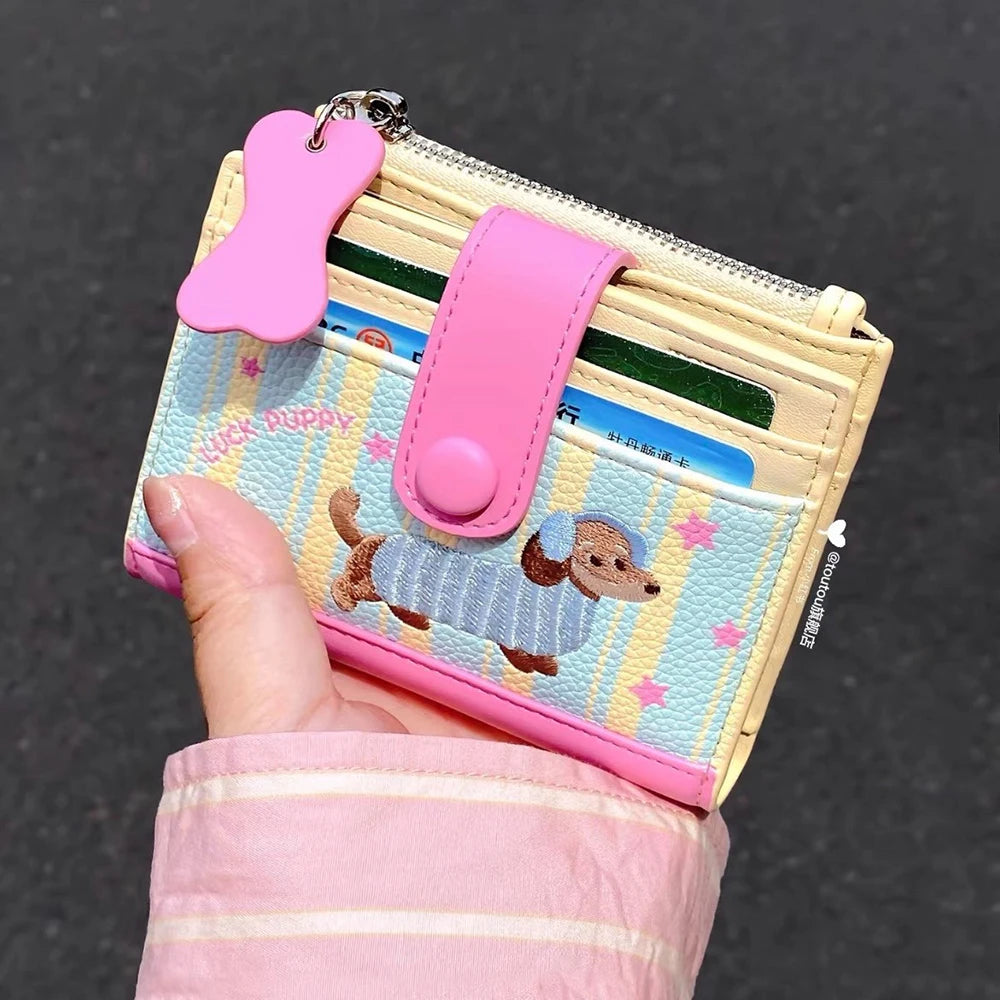 Women's Cute Cartoon Embroidered Sausage Dog Wallet Zipper Coin Purse Double Fold Card Holder Wallet Ultra Thin Leather Money Clip