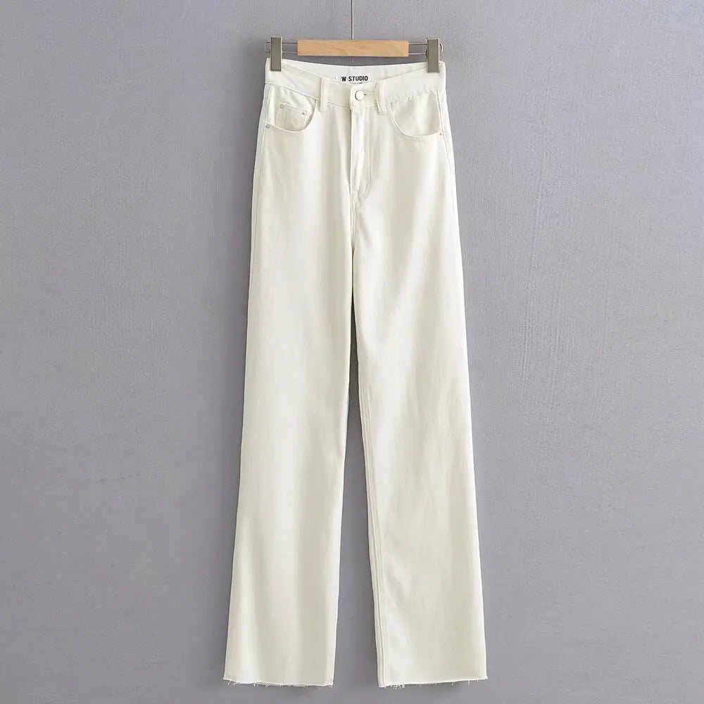 Jean Femme Taille Haute 2025 | Printemps-Automne | Décontracté Droit | Ourlet Brut Longueur Sol | Vintage