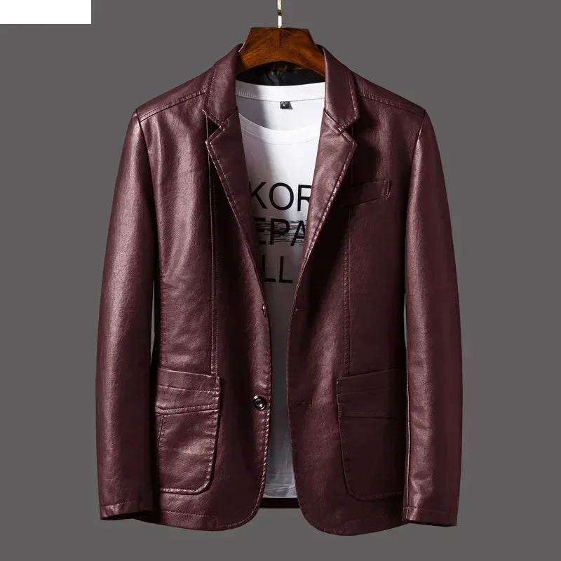 New Leather Jacket Men's Business Casual Lapel PU Leather Blazers Fashion Solid Slim Korean Style Leather Coat Big Size 6XL