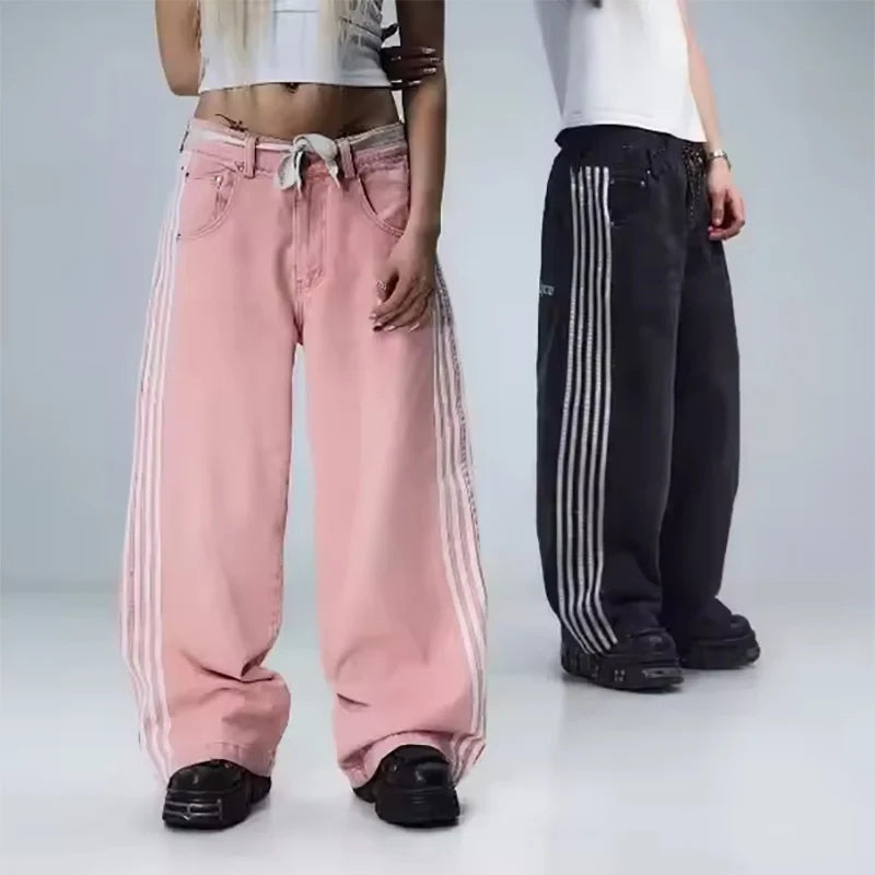 American Harajuku Style Baggy Jeans Y2K Streetwear Striped Denim Pants Men Women Casual Wide Leg Trousers Trendy High Street Pants