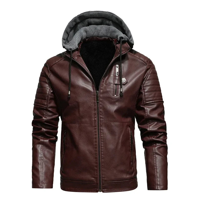 Men Hooded Leather Jackets Slim Fit Motorcycle PU Leather Coats High Quality Men Fleece Warm Leather CoatsSize 5XL
