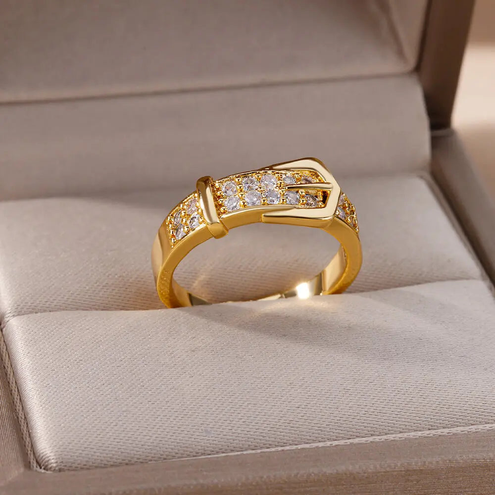 Bague Ceinture Zircon Acier Inoxydable | Doigt Géométrique Ajustable | Esthétique Mariage Femme