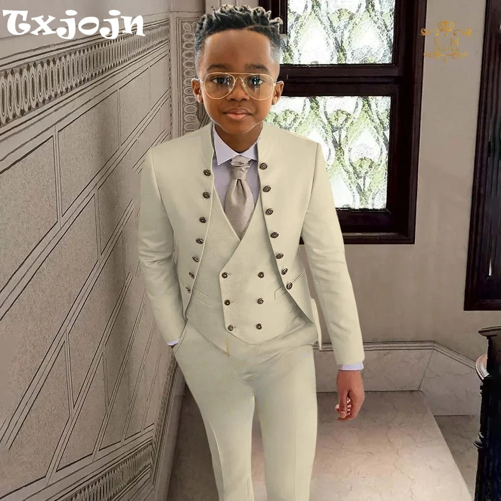 Fashionable Kids Stand-up Collar Suits 3 Pieces Jacket Vest Pants Performance Outfit Comfortable Boys Tuxedo Wedding Guest Wear