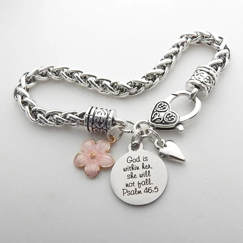 Flower Heart Bible Verse Charm Bracelet Antique Silver Plated Twisted Chain Bracelets Inspirational Christian Jewelry