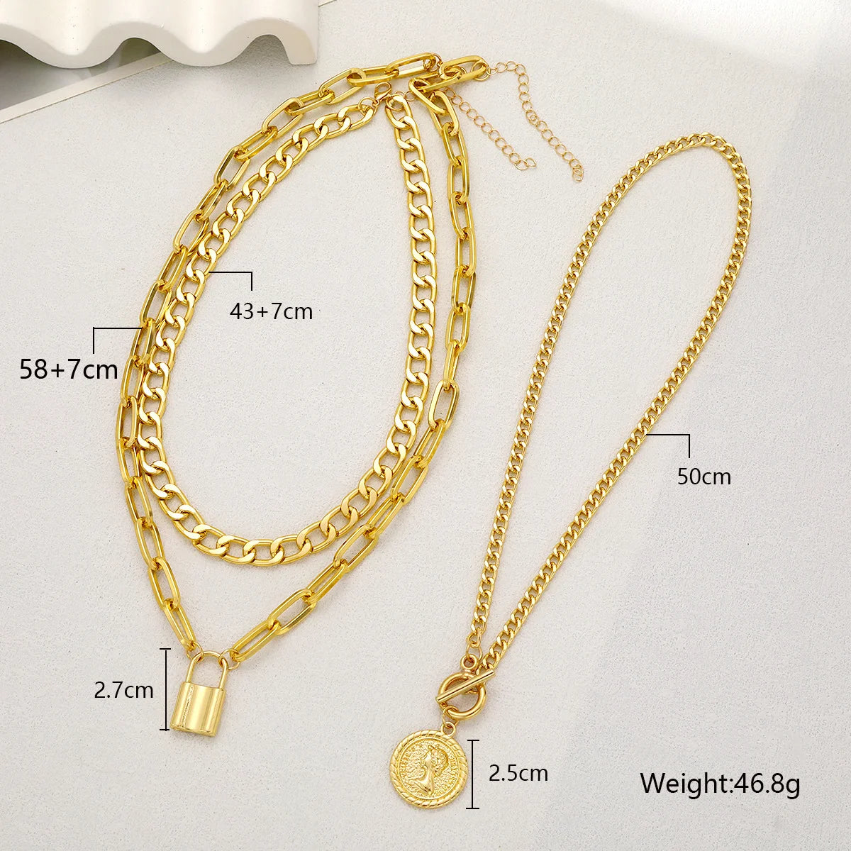 Lot 3 Colliers Superposés | Plaqué Or Vintage | Pendentif Cadenas Rond Embossé | Bijou Femme Fashion