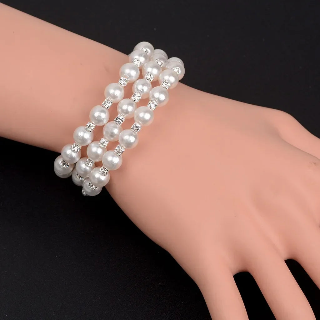 Elegant Multi-Layer Pearl Bracelet Adjustable Crystal Beaded Bangle for Women Wristband Bridal Jewelry Weddings Party Gifts