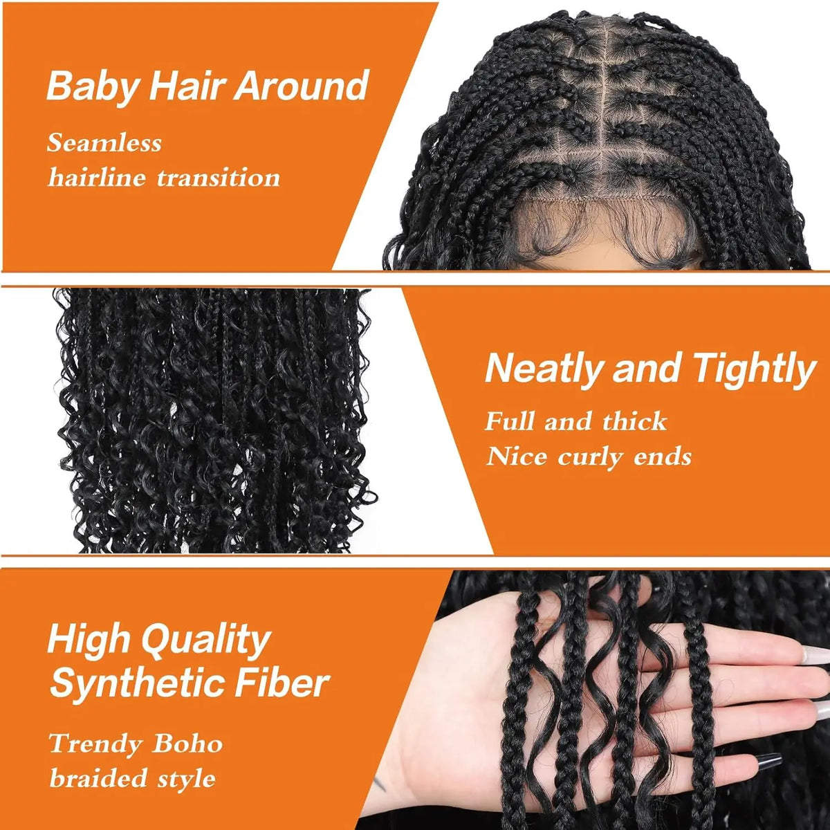 Perruque Tressée Bohème Longue Synthétique | Boho Box Braids | Full Lace | Baby Hair | Femmes Noires