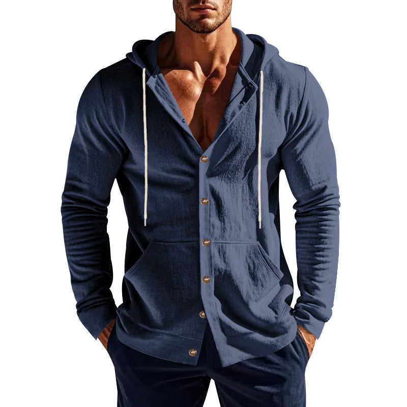 Men's Linen Hoodie Shirt Casual Slim Fit Hooded Long Sleeve Solid Button Down T-shirt Tops New Men Spring Summer Vacation Shirts
