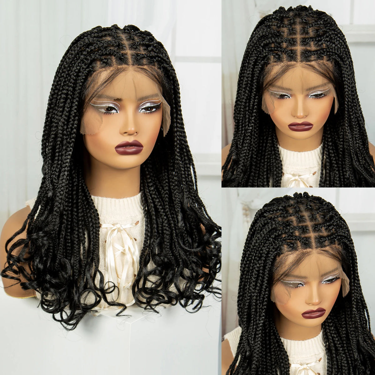 Perruque Tressée 360 Full Lace Synthétique | Knotless Box Braids | Baby Hair | Boho Boucles Extrémités | Femme