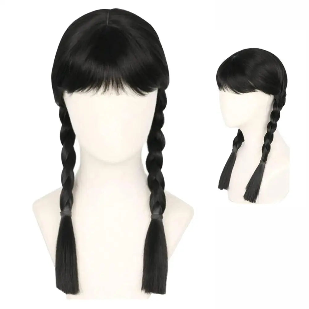 Double Ponytail Braided Wig For Wednesday Wigs Halloween Gothic Costume Braids Anime Double Black Synthetic Braided With Bangs