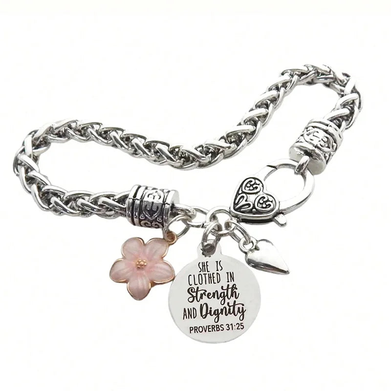 Flower Heart Bible Verse Charm Bracelet Antique Silver Plated Twisted Chain Bracelets Inspirational Christian Jewelry