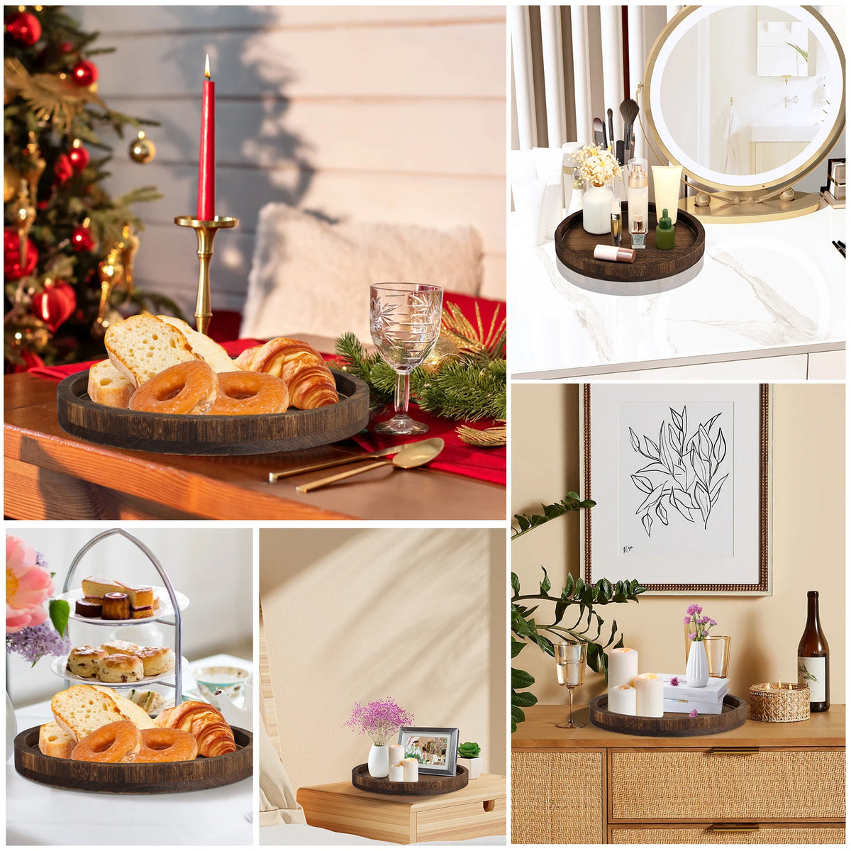 30 CM Round Wooden Tray Retro Decorative Coffee Meal Trays Serving Platter Multipurpose Candle Holder Trays for Table Home Decor