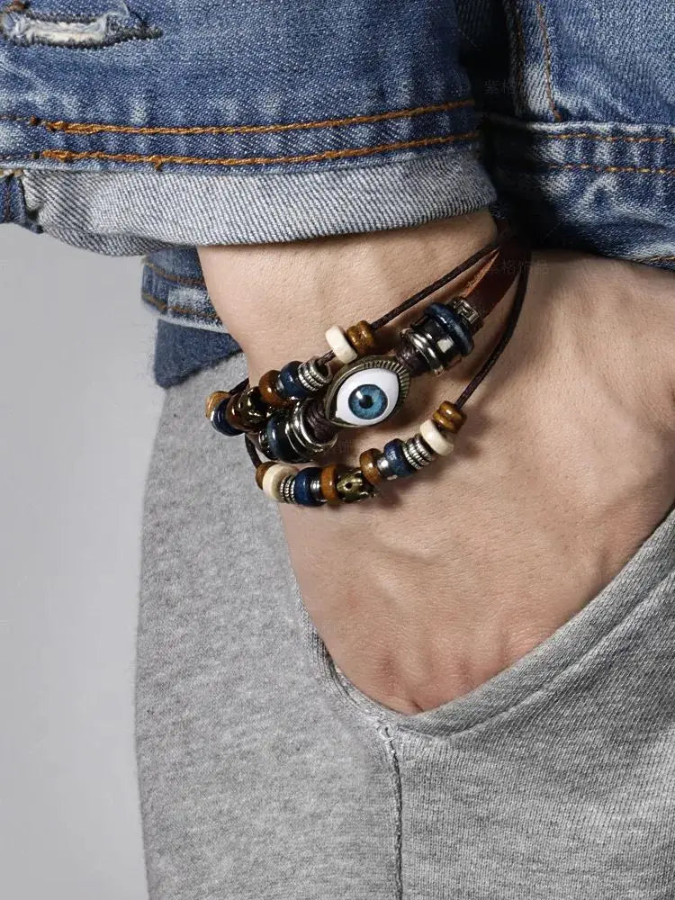 Bracelet Cuir Tressé Perles Bois | Unisexe Ethnique Tribal | Fait Main | Manchette Femme & Homme