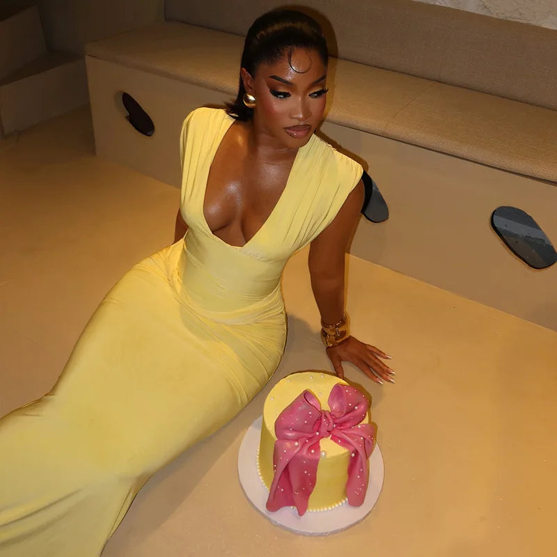 Robe Maxi Bodycon Jaune Froncée | Col V Sans Manches | Slim Longue | Soirée & Club | Femme
